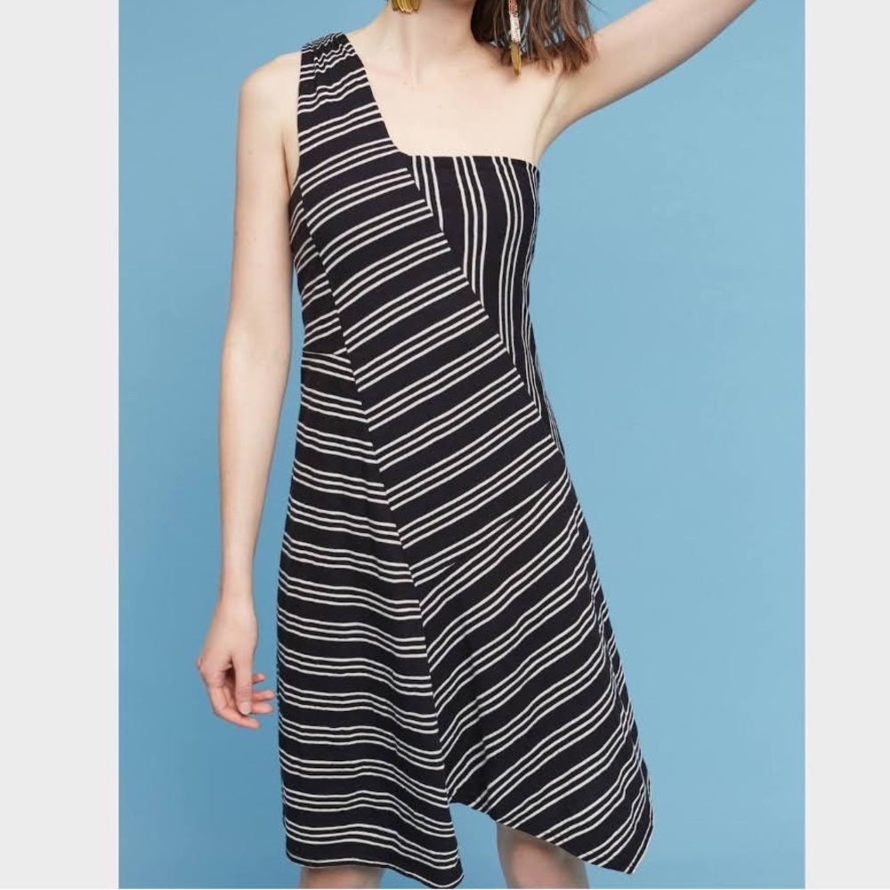Anthropologie Black and white striped one shoulder dress